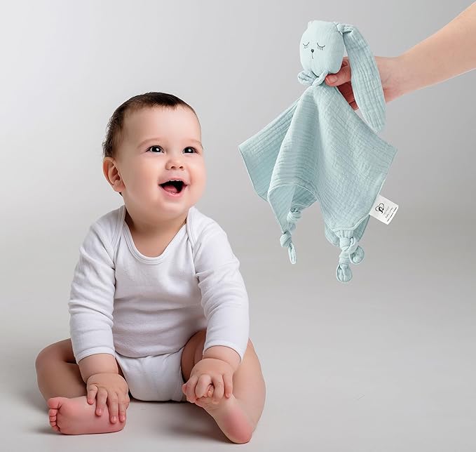 TADO MUSLIN Organic Cotton Baby Lovey Security Blanket, 2-Pack Bunny and Lion Stuffed Animal Comforter Blankie for Newborn, Infant, Toddler 0-3 Years - Machine Washable (12.5in)