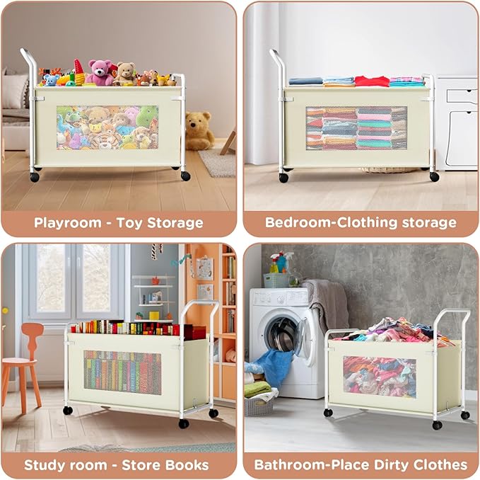 KEEGH Extra Large Toy Box for Kids with 360° Rotating Wheels, Heavy Duty Toy Chest for Boys and Girls, Toy Storage Organizer for Kids, Toy Bins for Living Room, Nursery, Bedroom (Beige)