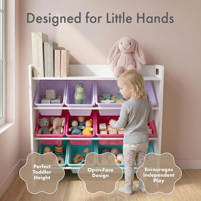 Humble Crew Toy Storage Organizer with 9 Removable Storage Bins for Kids Playroom, 3-Tier with Top Shelf Toddler Toy Organization, White/Pink/Purple/Aqua