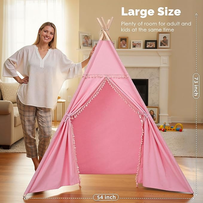 Sumbababy Large Teepee Tent for Adults & Kids, Cotton Canvas Foldable Indoor Tent for Toddlers, Sleepover Gift Toy for Girls & Boys, Washable Slumber Party Tent for Party Decor, Pink