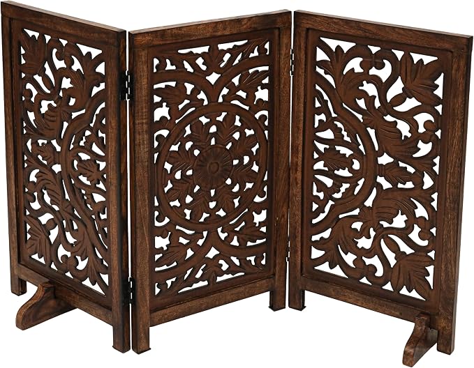 Freestanding Pet Gate for Dogs, Foldable Wooden Dog Gate for House, Indoor Dog Gate for Stair, Doorway, Circle Design Gates for Dogs Indoor, 48 Inch Wide, (16" x3 Panels =48 inch), Burnt Finish
