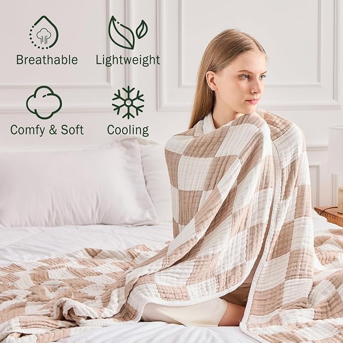 EMME Cooling Muslin Blanket for Adults - Checkered Lightweight Summer Cotton Throw Blankets of Rayon Derived from Bamboo for Hot Sleepers, Ultra Soft Breathable Gauze