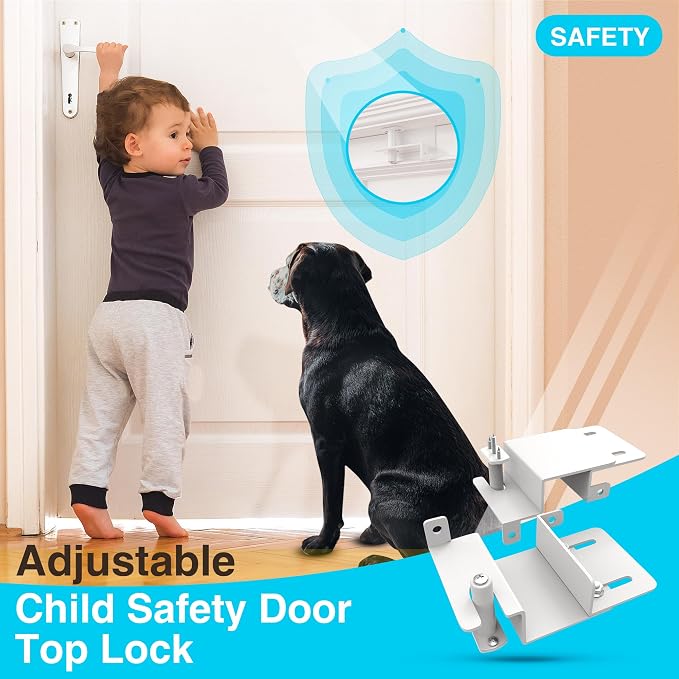 Adjustable Child Safety Door Top Lock｜Metal Child Proof Door Top Lock for Interior&Exterior&French Door｜Lock & Unlock from Either Sides｜for Childproofing｜Sliding Door Lock for Kids Safety｜White