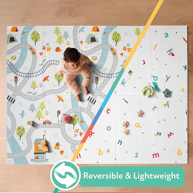 Nuby Reversible Baby Floor Mat - Foldable and Lightweight Foam Infant Play Mat - 77" x 58" - Easy Storage and Travel - Car Tracks/Alphabet