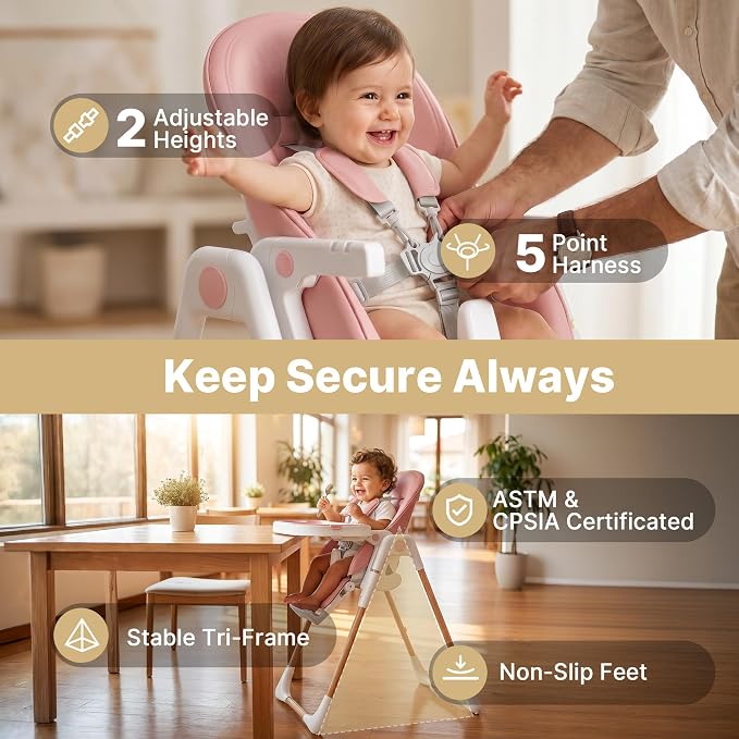 Baby High Chair, Convertible Folding Highchair with Dishwasher-Safe Tray, Adjustable Heights, 5-Point Harness, Portable Dining High Chairs for Babies and Toddlers (Wood Grain+Blush Pink)