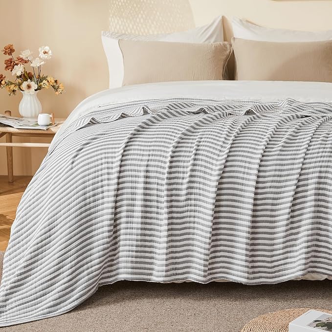 EMME Cotton Muslin Queen Blanket Bed Layering Bedspread Coverlet Breathable Gauze Soft Lightweight Adults (Striped Grey, 90"x90")