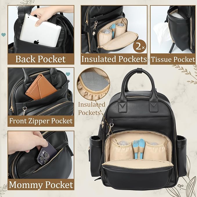 Omanmoli Diaper Bag Backpack,Leather Baby Bag with 16 Pockets,Large Travel Diaper Backpack,Baby Essential Organizer,4 Insulated Pockets,Changing Pad,Black