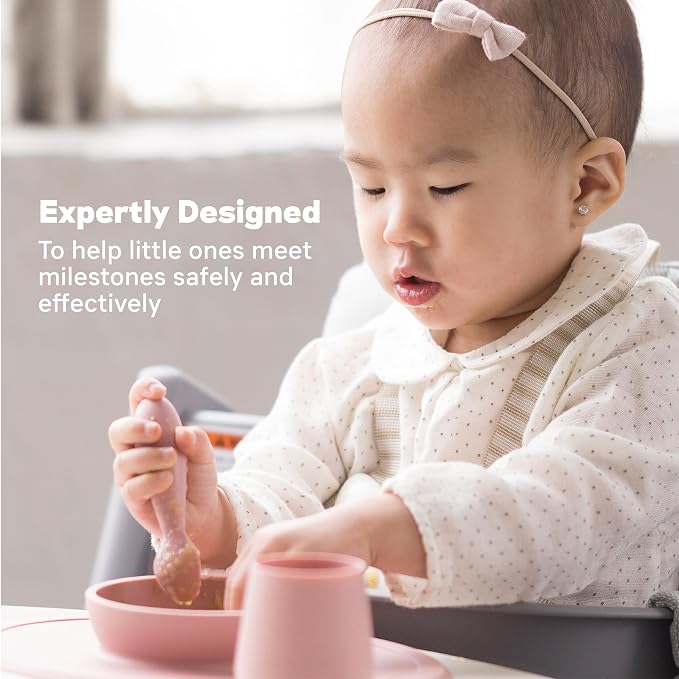 ezpz Tiny Cup (Pewter) + Tiny Spoon (2 Pack in Blush) - baby essentials, cup and spoon