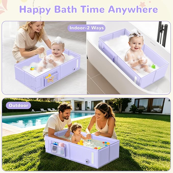 Collapsible Baby Bathtub, Foldable Toddler Bath Tub with Chick Pattern Bath Rinse Cup, No Assembly Portable Travel Bathtub for 6M-5Y, Ideal for Shower, Travel Essentials & Baby Registry Gift