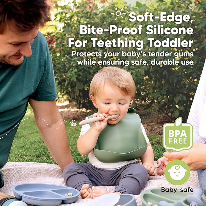 KeaBabies 3-Pack Silicone Baby Spoons and 3-Pack Waterproof Baby Bibs for Eating - Toddler First Food Training Spoon - Lightweight Boys & Girls Bib with Food Catcher