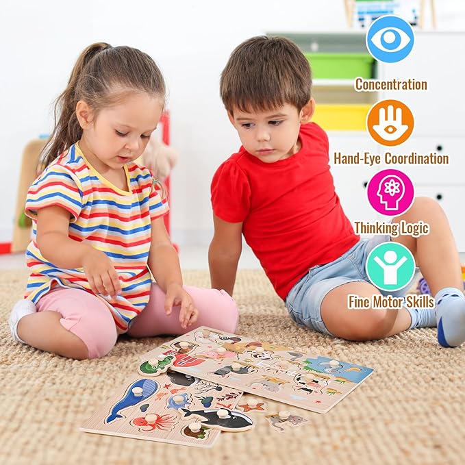 Wooden Peg Puzzles for Toddlers 1-3, Montessori Puzzles, Great Preschool Educational Learning Gifts for Girls and Boys