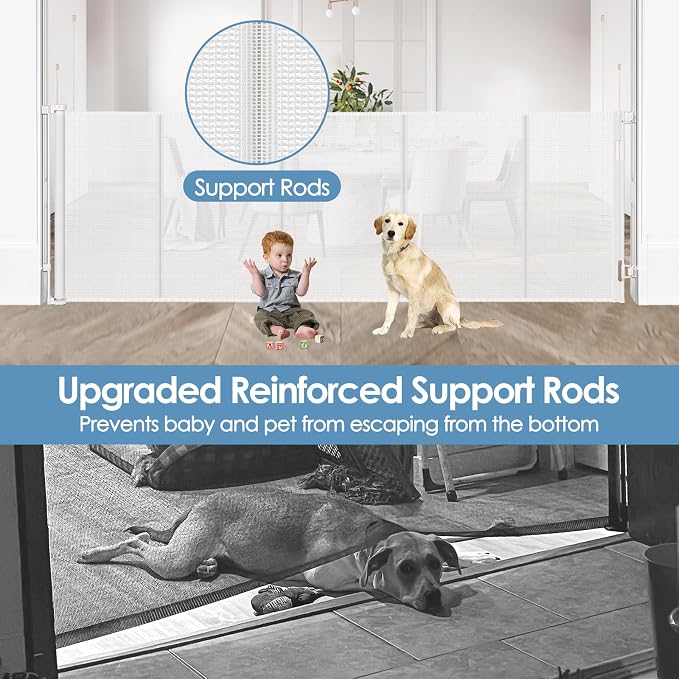Reinforced 200 Inch Extra Wide Retractable Baby Gates with Reinforced Rods, Retractable Dog Gate Prevent Bottom Crawling Through, Mesh Pet Gate for Large Openings, White