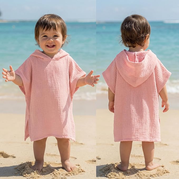 Frienda Muslin Hooded Beach Towel for 0-3 Years Kids Soft Muslin Bath Poncho for Baby Absorbent Fast Drying Blankets for Boys Girls Newborns Toddler Beach Pool Bath Essentials(Pink)