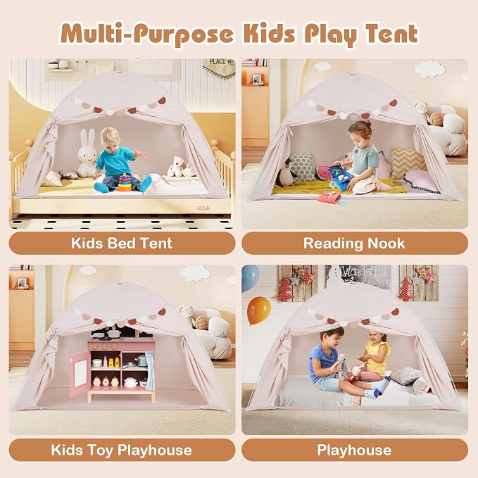 HONEY JOY Bed Tent Twin for Kids, Foldable Play Tent Canopy w/Flags, Windows, Indoor Outdoor Playhouse Toddler Tent, 79” x 39” x 48”, Washable, Kids Tent for Boys Girls Aged 3+, Birthday (Beige)