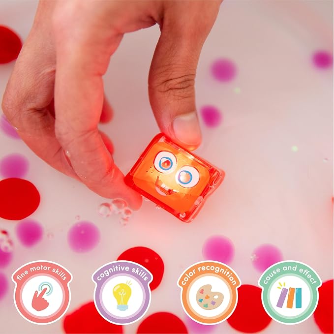 Glo Pals Water-Activated Light-Up Sensory Bath Toy Character and 6 Cubes for Bathtime and Sensory Play, Sammy, Glows Red