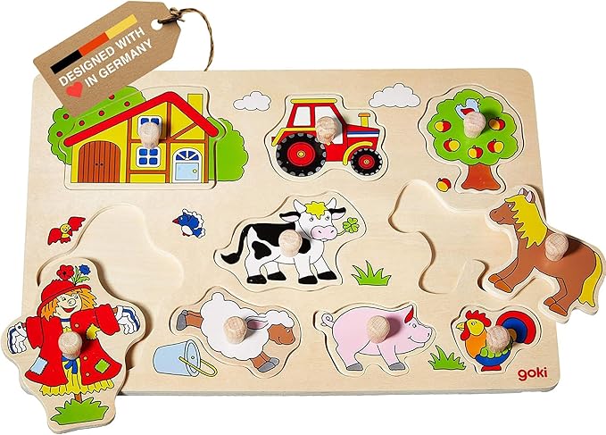 GOKI Wooden Puzzles for Toddlers 1-3 Farm Animal Peg Puzzle with Jumbo Knobs Ages 1+ Educational Montessori Toys for Shape Recognition & Fine Motor Skills - 9 Pieces-Designed with Love in Germany