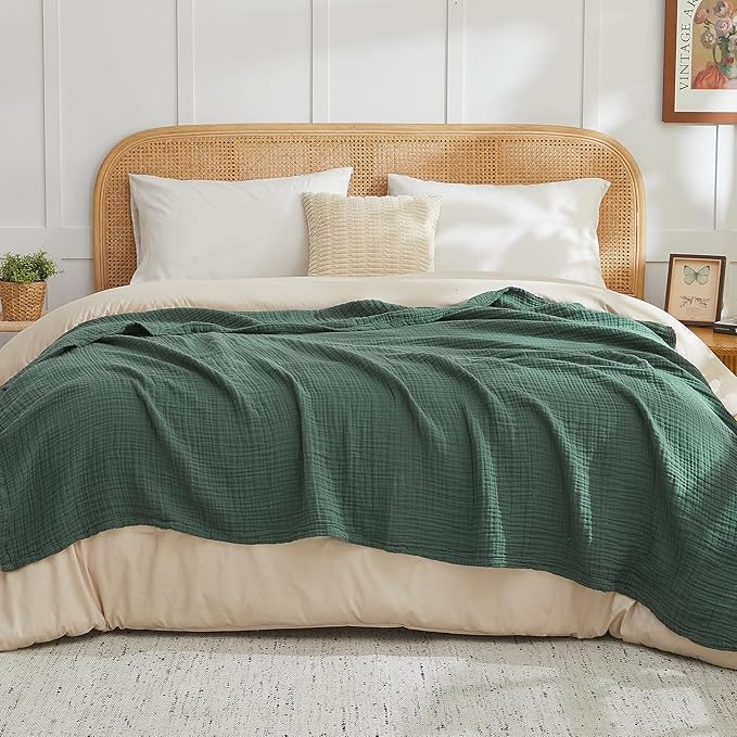 EMME Cotton Muslin Large Throw Blanket Couch Breathable Gauze Blanket Soft Lightweight Bed Blankets Adults (Forest Green, 50"x71")