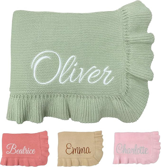 Knit ??30x40in Personalized Baby Blanket for Newborn Girl and Boy ??Custom Blanket with Name Embroidery ??Soft Knitted Baby Blanket ??Custom Baby Gifts for Baby Shower (Sage)