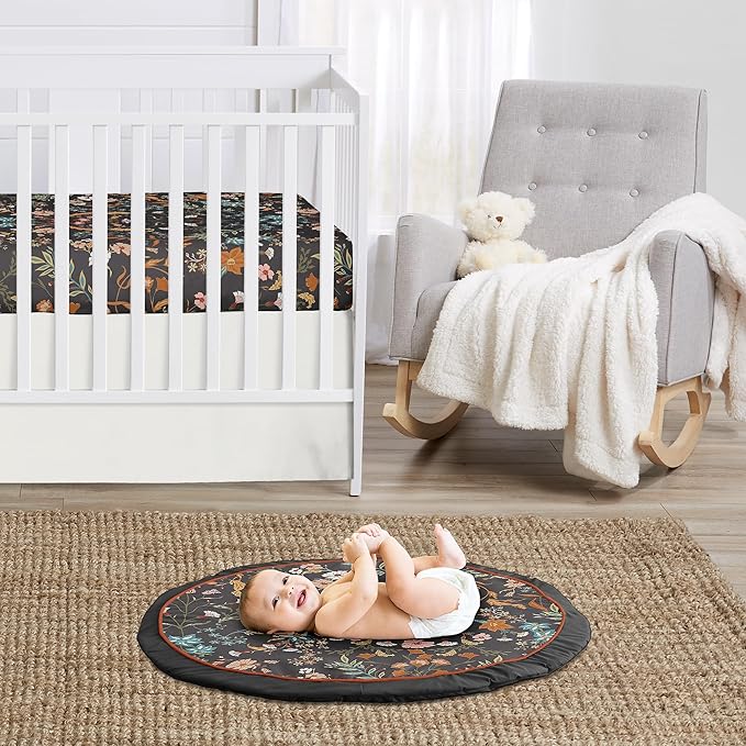 Sweet Jojo Designs Boho Wildflower Vintage Floral Girl Baby Play Mat Tummy Time Activity Toddler Floor Infant Playmat Black Rust Orange Teal Bohemian Farmhouse Daisy Botanical Leaf Garden Cottagecore