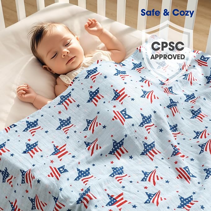 david's kids 4 Pack Baby Muslin Swaddle Blankets, 100% Cotton and Ultra Soft Breathable Receiving Blanket Wrap for Boys Girls, Large 47 x 47 inches, New Born Essentials, Flag