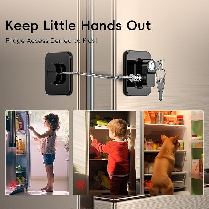 4 Pack Refrigerator Locks with Keys for Kids, Toddlers and Adults, Self Adhesive Child & Baby Proofing Fridge Latch for Double Door, French Door, Cabinets and Drawers, Oven, Windows (Patent)
