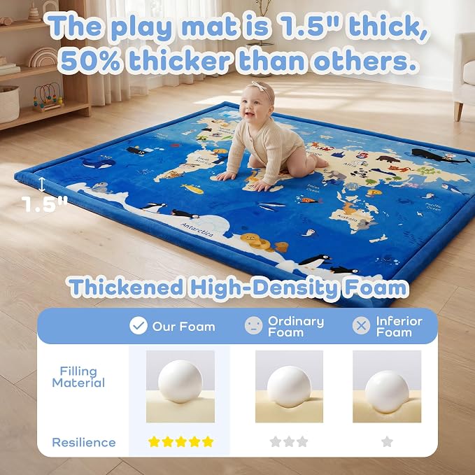 1.5" Thick Educational Baby Floor Play Mat 59x79, Flannel Padded Memory Foam Kids Mat, Non-Slip Plush Playmat for Nursery Playroom Classroom (World map)