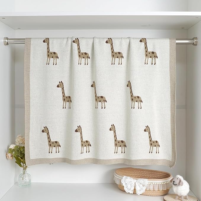 Opewod Soft Cotton Knit Baby Blanket with Cute Deer Print 40x30in Newborn Receiving Blanket Swaddle Cuddle Blanket for Crib, Stroller, or Nursery for Infants & Toddlers White