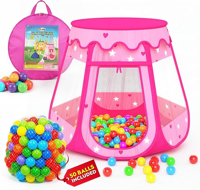 Playz Ball Pit Princess Castle Play Tent for Girls w/ 50 Balls Included - Pop Up Children Play Tent for Indoor & Outdoor Use - Playland Playhouse Tent w/ & Glow in The Dark Stars & Zipper Storage Case