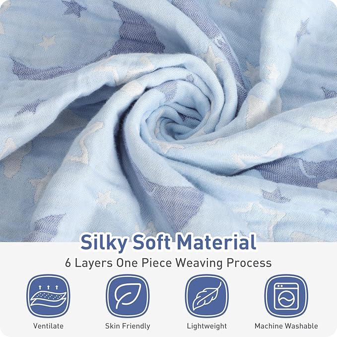 Cotton Muslin Baby Blankets Organic Comforter Reversible Neutral 6-Layer Soft 43.3"x41.3" for Newborn Infant Toddler Boys Girls, Daycare Receiving Swaddle Throw Quilt, Nursery Crib Bassinet Blanket