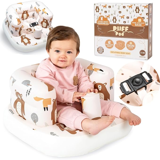 Inflatable Chair for Baby with Safety Harness, Built-in Pump & Non-Slip Base ??Infant Sit Up Seat for 3-36 Months, Portable Blow Up Baby Chair for Travel, Easy to Clean