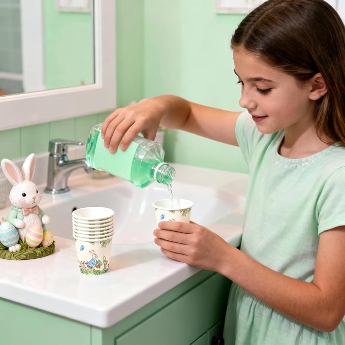 WRAPAHOLIC 3oz Easter Paper Cups - 100 Pack Disposable Bathroom Cups with Garden Hop Rabbit Design, Small Mouthwash Cup for Toothbrush Rinse, Bathroom, Easter, Baby Shower and Party