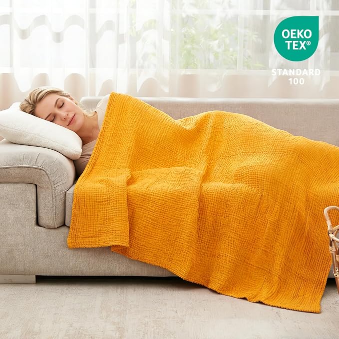 EMME Cotton Throw Blanket for Couch Mustard Yellow Soft Muslin Blankets 50"x60" Lightweight Breathable