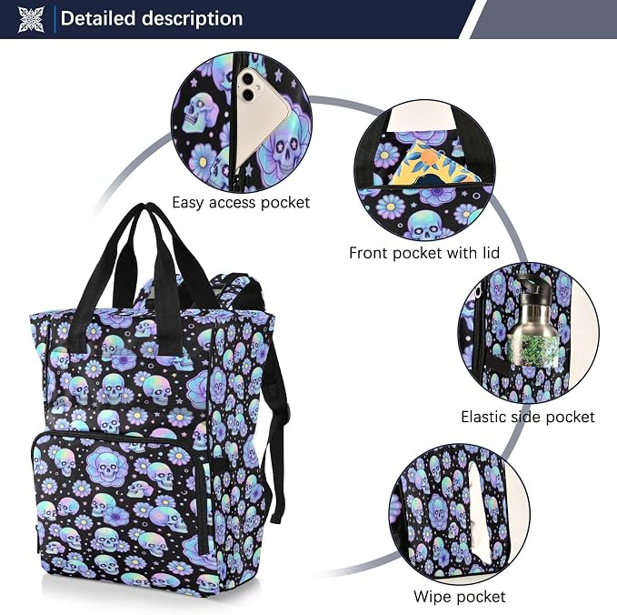 Tiny Holographic Sugar Skulls Diaper Bag Large Cap Unisex 15L Mom Dad