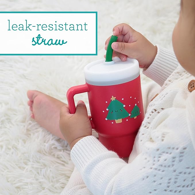 Infantino My 1st Tumbler, 9 Oz. Silicone Sippy Cup with Straw & Handle, Spill-Resistant Baby Cup for On-the-Go, BPA-Free Transition Bottle, Red Christmas Tree