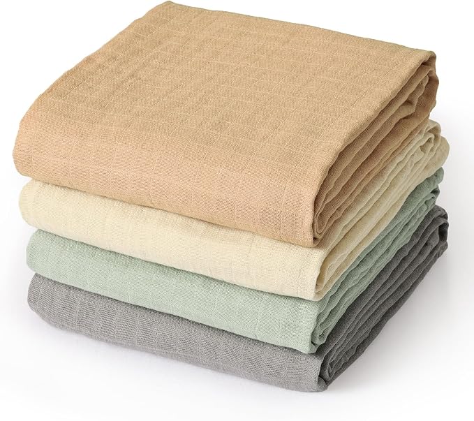 david's kids 4 Pack Baby Muslin Swaddle Blankets 47" x 47", 100% Cotton Swaddle Wrap for Boys Girls, Ultra Soft Breathable Receiving Blanket for Newborns, Sepia & Sage Green & White Cap & Grey