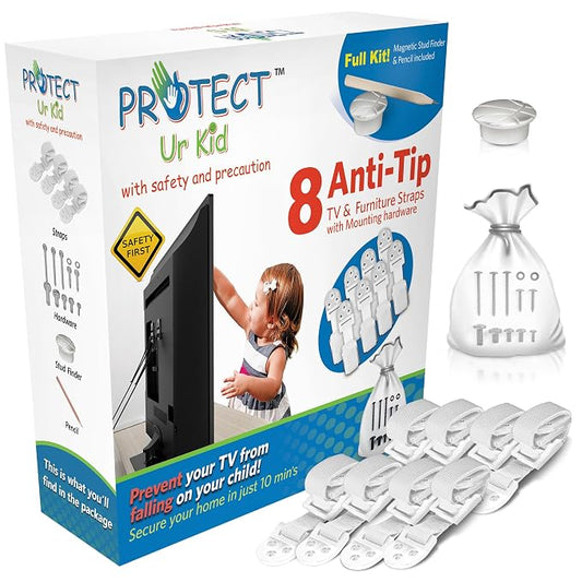 Anti Tip Furniture Anchor & TV Straps w/Ultra-Strong Mounting Hardware & Safety Stud Finder Locks-in Heavy Objects for Instant Earthquake, Child & Baby Proofing (White, 8 Straps + Stud Finder)