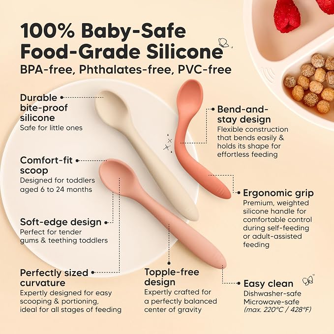 KeaBabies 6-Pack Silicone Baby Spoons and 3-Pack Suction Plates with Lids - Toddler First Food Training Spoon, 100% Silicone Suction Plates with Lids for Babies