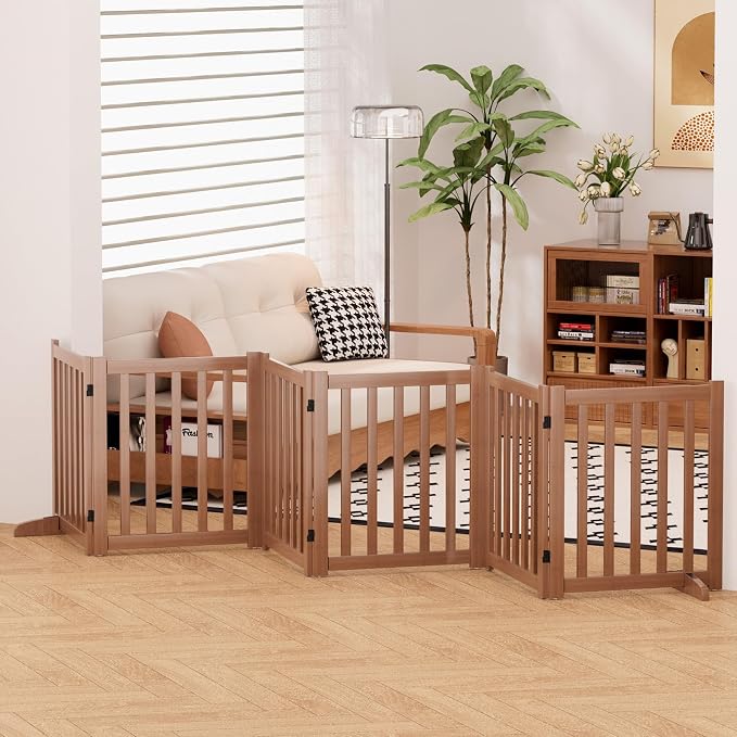 Wooden Freestanding Foldable Dog Gate, 24 Inch Height 6 Panel Pet Gate No Drill for Doorways Stairs, Fully Assembled Indoor Puppy Fence (Brown, 120" W x 24" H)