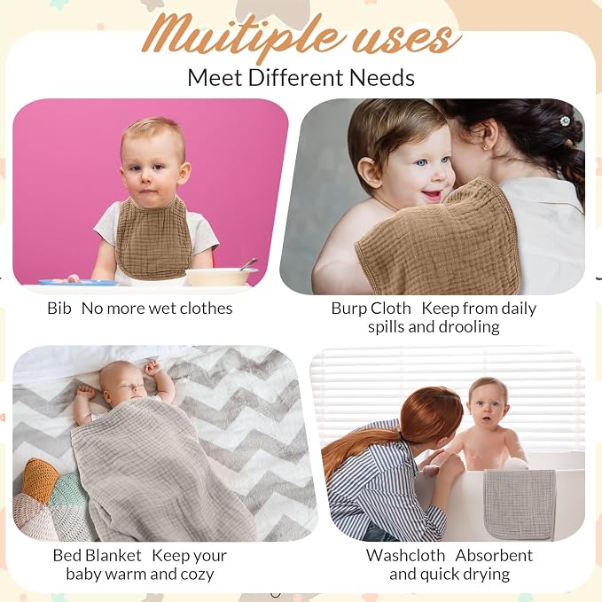Hahafelt 6 Pcs Muslin Hooded Bath Towels Washcloths and Bibs Set, Muslin Cotton Baby Towels Absorbent Hooded Blanket Towel Infant Bibs for Boys Girls Newborn Infant Essential(Brown, Beige)