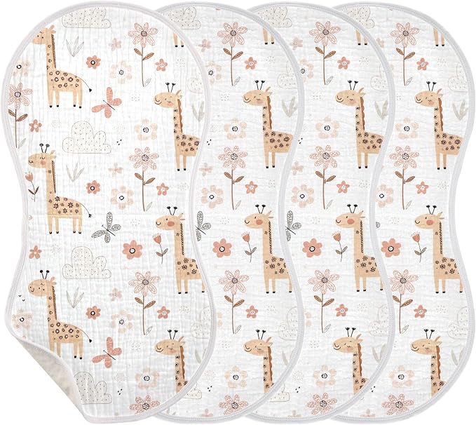 Burbuja Cute Giraffe Muslin Baby Burp Cloths, Soft & Absorbent Cotton Burping Rags for Newborn Boys & Girls, 4 Pack