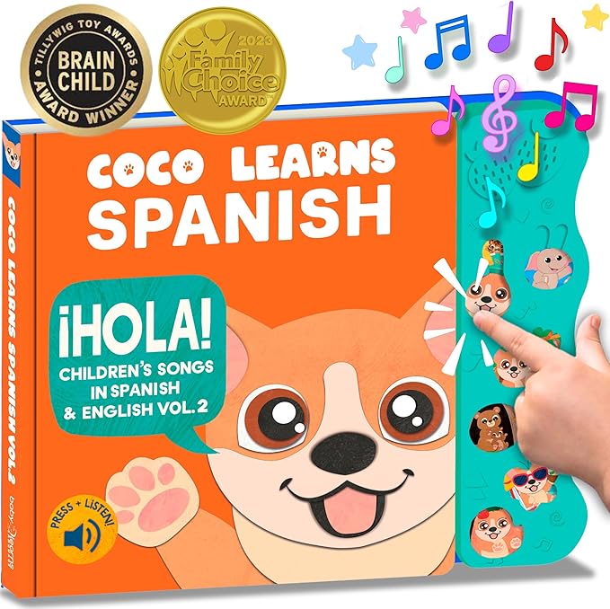 Coco Learns Spanish Vol. 2 — Interactive Sound Board Book for Toddlers 1-3, Bilingual English & Spanish Songs & Music, Talking Musical Book, Musical Toy Gift for Babies & Kids