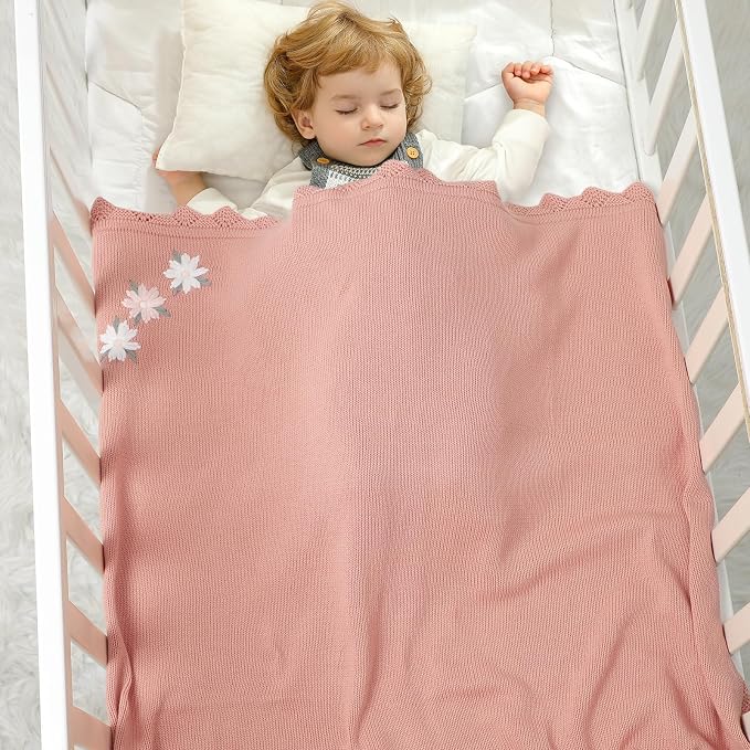 LAWKUL Baby Blanket 100% Traceable Cotton Knit Receiving Blankets Infant Swaddle for Newborn Boy Girls 40"x30" Pink Floral