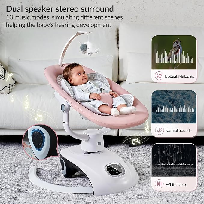 VaVaSoo Baby Swing for Infants Mamroo Electric Automatic Multi Motion Newborn for Girl & Boy with Remote Control, 5 Speed, 13 Melodies, Light Gray (Pink)