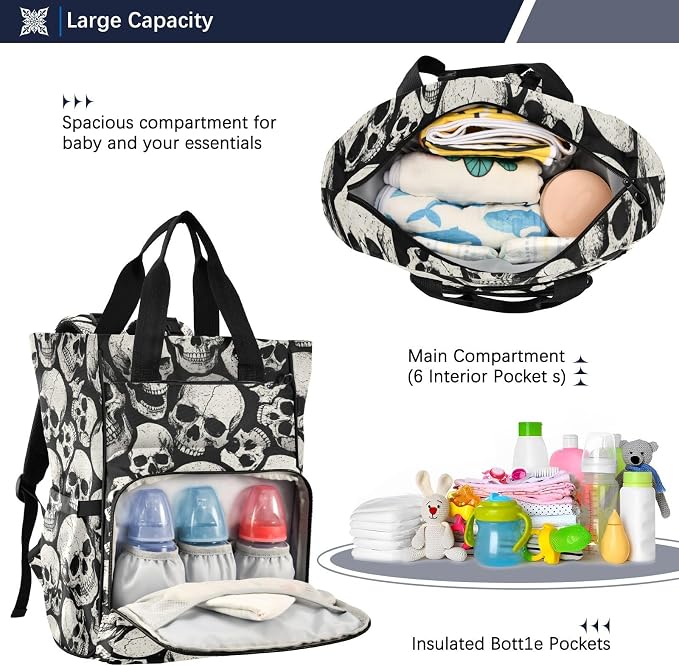 Vintage Grunge Skull Diaper Bag – Large Capacity, Gift for New Parents