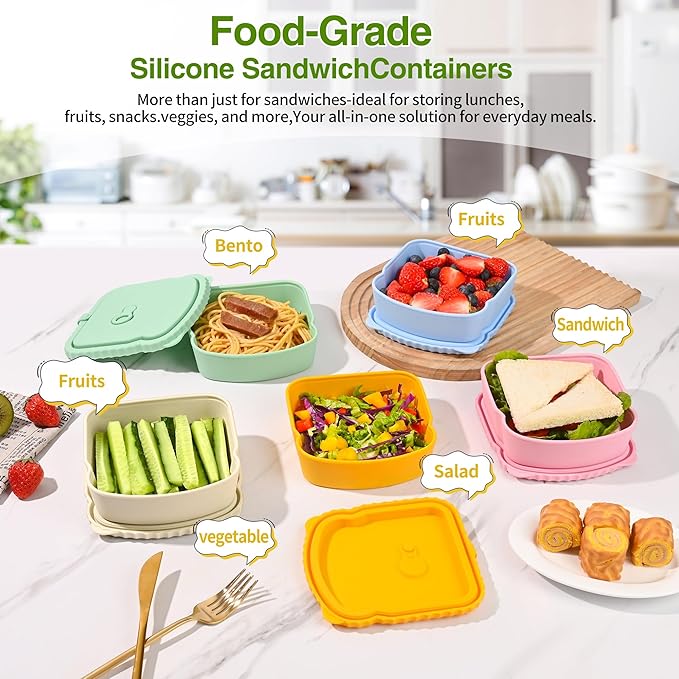 2 Pack Silicone Sandwich Container with Leakproof Lids, 15oz Reusable Lunch Box, BPA-Free Silicone Snack Box, Reusable Toast Container for Sandwiches, Snacks, Office, Travel (Pink+Yellow)