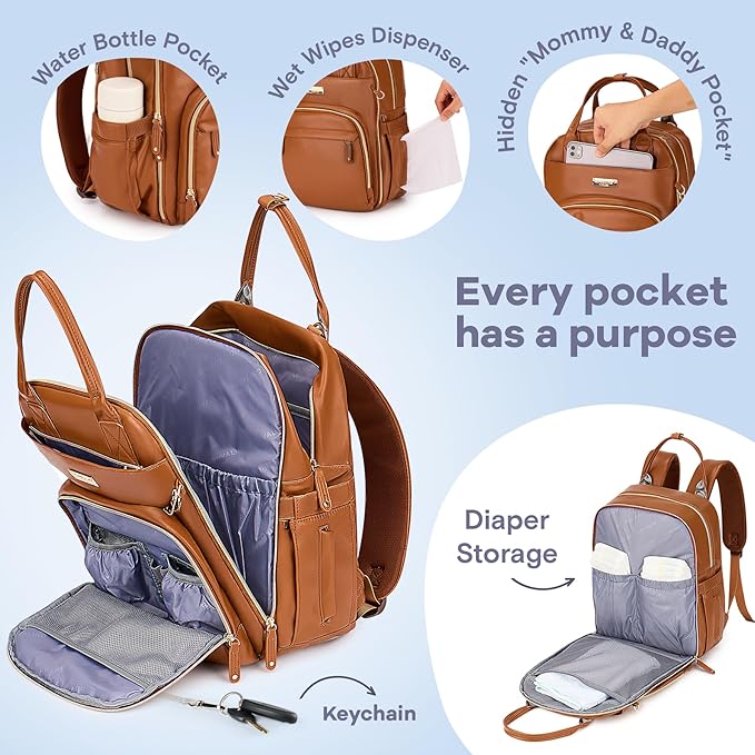 RUVALINO Diaper Bag Backpack, Multifunction Travel Pack Maternity Baby Changing Bags, Large Capacity, Waterproof, Brown