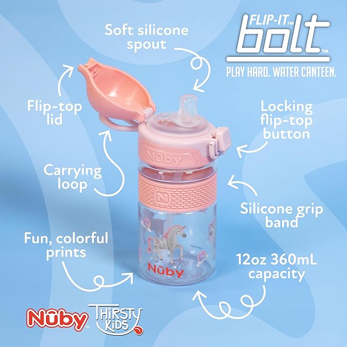 Nuby Thirsty Kids Flip-It Bolt Toddler Cup with Push-Button Locking Flip-Top and Silicone Spout - 12 oz - Easy-Grip and Spill-Resistant - 18+ Months - Unicorn