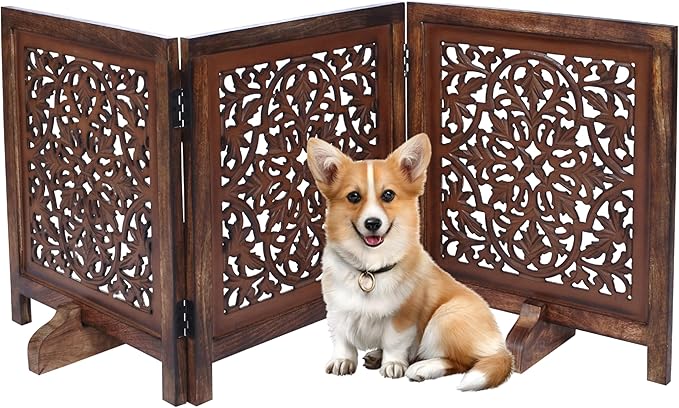 Free Standing Dog Gate – 3 Panel Foldable Wooden Pet Gate Indoor, 60" W x 24" H, Decorative Hand-Carved Wood & MDF Pet Fence for Doorways,Stairs, Portable Indoor Dog Barrier,Natural Burnt Daisy Design