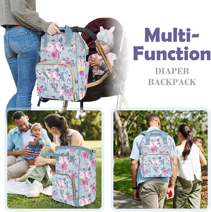 Diaper Backpack, Large Capacity & Insulated Pockets, Personalized Changing Bag, Multi-Functional for Boys/Girls Newborn to Toddler, Floral