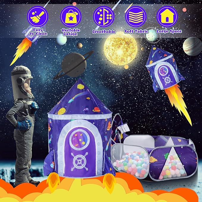 3pc Space Ship Kids Play Tent, Crawl Tunnel, Ball Pit for Toddlers, Indoor Outdoor Playhouse Castle Toys, Baby Boys Girls for 3 4 5 6 7 Years Old (Balls Not Included)